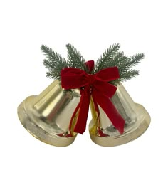 two bells with red bows on them and a pine branch sticking out of the top