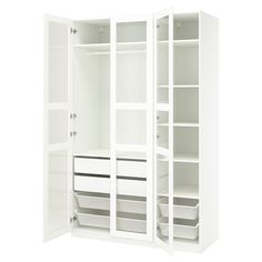 an open white closet with drawers and baskets on the bottom shelf, in front of a white background