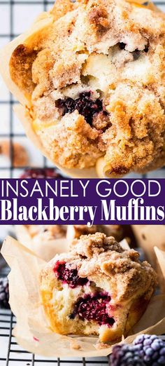 blueberry muffins are stacked on top of each other with text overlay