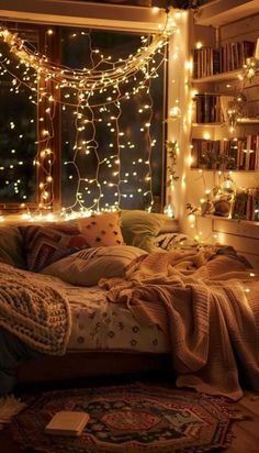 The combination of lights, decorations, and the wooden furniture creates an inviting atmosphere filled with warmth and holiday cheer. Taurus Journal, Chocolate Bedroom, Room Freshener, Bedroom False Ceiling Design, Room Deco