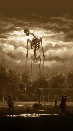 two people standing in front of a soccer field with a skeleton hanging over the goal