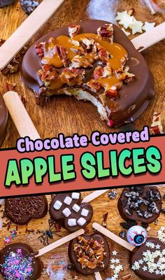 Chocolate covered apple slices with a text overlay title. Apple Slices On A Stick, Super Easy Party Food, Candy Apple Slices, Chocolate Covered Apple Slices, Candied Apples Slices, Chocolate Covered Apples Slices, Chocolate Covered Apples, Healthy Cheesecake