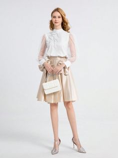 White Elegant Collar   Plain  Embellished Non-Stretch  Women Clothing Feminine Lined Skirt For Fall, Feminine Fall Lined Skirt, Feminine Midi Skirt For Fall, Feminine Fall Midi Skirt, Beige Pleated Midi Skirt For Party, Beige Midi Pleated Skirt For Party, Beige Pleated Flared Skirt For Party, Beige Long Pleated Skirt For Party, Feminine Fall Maxi Skirt