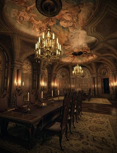 a fancy dining room with chandeliers and paintings on the ceiling is lit by candles