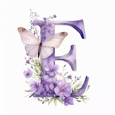 the letter f is made up of purple flowers and a butterfly on top of it