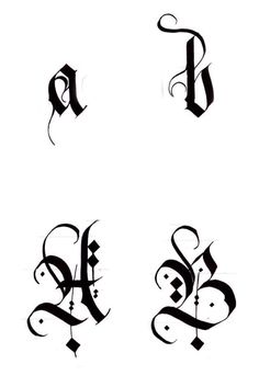 four different types of calligraphy written in cursive writing, including the letter h