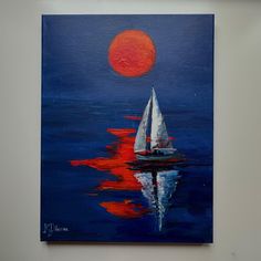 a painting of a sailboat floating in the ocean with a red moon behind it