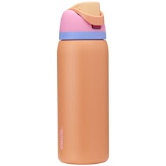 a pink and blue water bottle on a white background