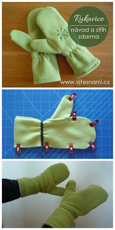 three pictures showing how to make mitts for children's hand warmers and mittens