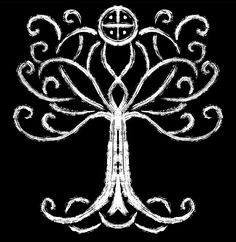 the tree of gondol is drawn in white on a black background with swirls