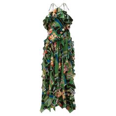 Ornamental green silk-crepe gown, capturing the Gucci's talent for richly textured and patterned eveningwear. Depicting contrasting florals, graphic checks and the house's signature logo lettering, it's crafted in Italy to a retro halterneck silhouette and imbued with cascading layers of ruffled panels to create elegant movement. Color: green 100% Silk Made in Italy Gucci Floral, Crepe Gown, Silk Gown, Budget Fashion, Green Silk, Silk Crepe, Retro Stil, Signature Logo, Popular Style