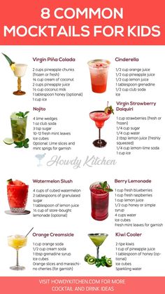 15 Delicious Mocktails For Kids - HowdyKitchen Simple Mocktails, Kids Mocktails, Summer Mocktail Recipes, Easy Mocktails, Easy Mocktail Recipes, Kid Friendly Drinks, Homemade Cookbook