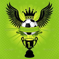 a soccer ball with wings and a trophy