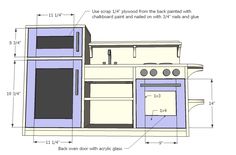 the blue and white kitchen is shown with measurements for the cabinet doors, drawers, and sink