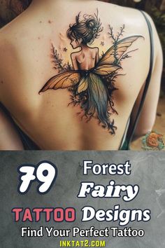 the back of a woman's shoulder with tattoos on it and an image of a fairy