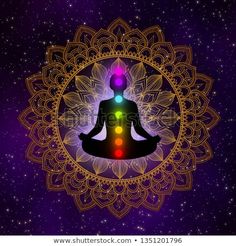 the silhouette of a person sitting in a lotus position with chakras around them