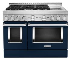 a blue stove with two burners and one oven door open on an isolated white background