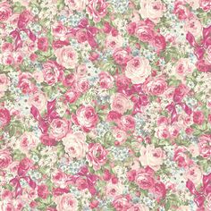 a pink and green floral wallpaper with lots of flowers