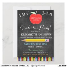 an apple chalkboard graduation party card with pencils on the front and back side