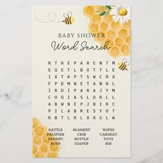 a baby shower word search game with bees and flowers on it's back side