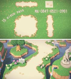 there are two pictures of the same area with animals and trees on them, one has a sign that says'15 piece path '