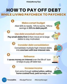 an info sheet with the words how to pay off debt while living paycheck to paycheck