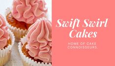 some pink frosted cupcakes with icing on top and the words, staff swirl cakes home of cake connoisseurs