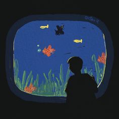 a boy looking at fish in an aquarium