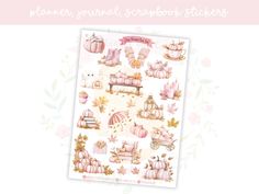 the planner journal scrapbook stickers is shown with pink and gold designs on it