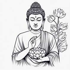 the buddha is holding a potted plant and looking at it's hands in front of his face