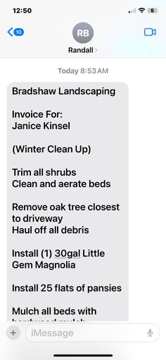 an iphone screen showing the text message that reads, brash landscaping invoice for winter clean up trim and scrubs