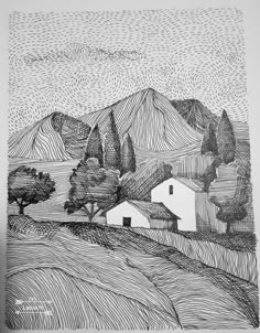 a black and white drawing of houses on a hill with trees in the foreground