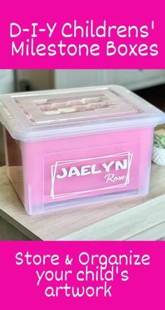 a pink plastic container with the words, store and organize your child's artwork