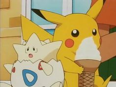 two pikachu are standing next to each other in front of a window and one is holding an ice cream cone