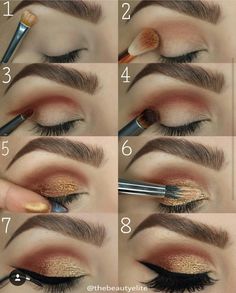 Gold Makeup Looks Step By Step, Eye Shadow Basics, How To Do Eye Shadow For Beginners Makeup Tutorials, Day Makeup Step By Step, Brown And Gold Eyeshadow Step By Step, Eye Shadow Designs, Eye Makeup Application Step By Step, Eye Makeup Basic, Indian Wedding Makeup Bridal Looks Make Up Smokey Eye