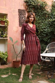 "🌸  AMELIA Amelia is a beautiful classical wrap style dress decorated with ikat motifs. Hand made from hand loom ikat cotton fabric from India. This dress has a fully lined front and unlined skirt. Sizings: Size S: Shoulders 36cm - 14,1\"    Bust 94cm - 37\"  Waist 86cm - 33.8\"  Length approx. 114cm - 44.8\" Size M:   Shoulders 39cm - 15,3\"  Bust 100cm - 39,3\" Waist 94cm - 37\"  Length approx. 114cm - 44.8\" Size L: Shoulders 40cm - 15.7\"  Bust 106cm - 41.7\" Waist 98cm - 38.5\"  Length app Wrap Cotton Dress, Wrap Style Dress, Cotton Ikat Dress, Kurta Dress Designs, Designs For Cotton Dresses, Cotton Material Dress Design, Middies For Women, Middie Dress Casual, Ikat Dress Designs