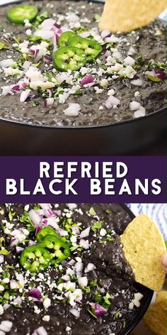 two images showing how to make black beans and tortilla chips in a cast iron skillet