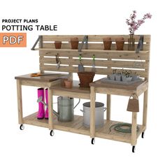 a potting table with pots and gardening tools on it