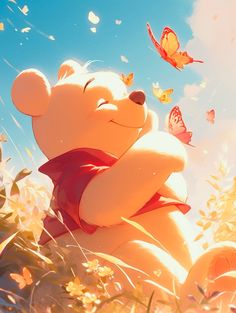 a cartoon bear sitting in the grass with butterflies flying around