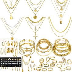 PRICES MAY VARY. 【SET】: 73Pcs Gold Jewelry Set with 6Pcs Layered Necklace, 11 Pcs anklet and 7Pcs Earring Ear Cuff,11Hoop Earrings ,15pcs Rings,15pcs stud earrings Jewerly set for Women Pack for Friendship Party Gift enrich your jewelry box. High Quality Material:CONGYING jewelry are made of high-quality alloy materials, using a unique gold-plated technology manufacturing, do their best to grow the life of the product and protect the appearance of durability, the appropriate weight, long time to Trendy Gold Jewelry For Jewelry Making, Metal Dangle Jewelry Sets, Gold Plated Dangle Jewelry Sets, Jewelry For Bridesmaids, Rings Amazon, Gold Jewelry Set, Jewerly Set, Friendship Party, Amazon Jewelry