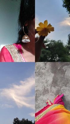 a woman holding a yellow flower in her right hand and wearing earrings on her left