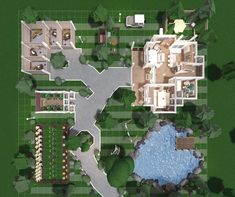 this is an aerial view of a house and its surrounding yard, including the swimming pool