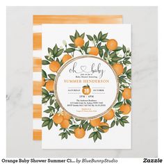 an orange themed baby shower is featured in this card with the words, oh baby