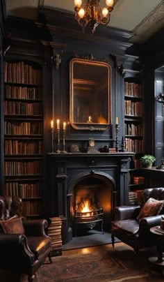 a living room filled with furniture and a fire place in front of a bookshelf