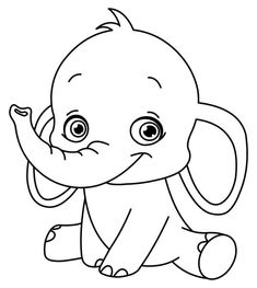 an elephant with big eyes sitting on the ground coloring pages for kids, printable