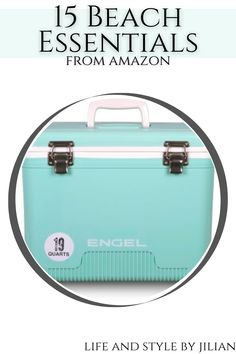 an ice chest is shown with the words, 15 beach essentials from amazon on it