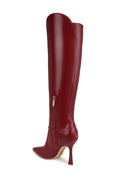 4" heel 14 3/4" shaft; 14" regular calf circumference 14 3/4" shaft; 16" wide calf circumference Side zip closure Leather upper/synthetic lining/rubber sole Imported Red Wide Calf Leather Boots, Wide Calf Boots Red, Red High Heel Calf Leather Boots, Red Fitted Mid-calf Boots With High Heel, Red Knee-high Boots Medium Width, Wide Calf, Sam Edelman, Knee High Boots, Side Zip