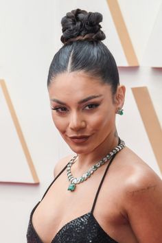 Vanessa Hudgens Long Hair, Vanessa Hudgens Straight Hair, Vanessa Hudgens Hair Bangs, Vanessa Hudgens Face, Beastly Vanessa Hudgens, Ariana Debose, Bun Style, Oribe Hair Products