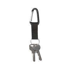 two keys are attached to a black lanyard with a metal hook on the end