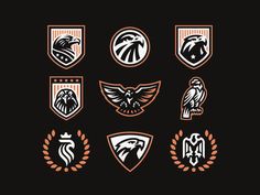 the emblems for different sports teams are shown in orange and white on a black background